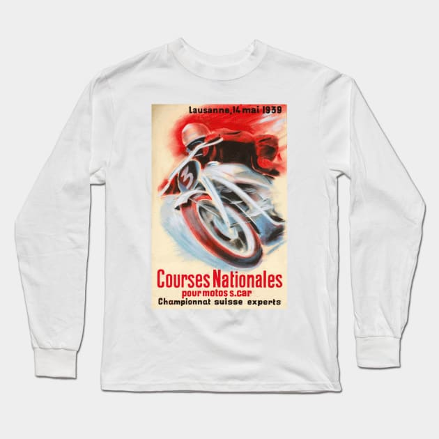 1939 Swiss Motorcycle Racing Championship, Lausanne, Switzerland - Vintage Poster Art Long Sleeve T-Shirt by Naves